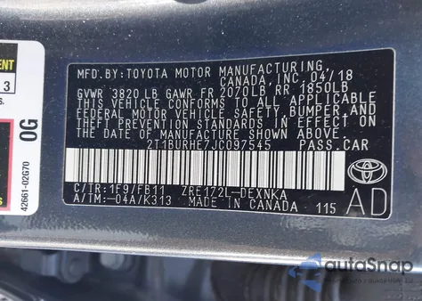 2018 Toyota Corolla Le из США, поврежденный, VIN 2T1BURHE7JC097545